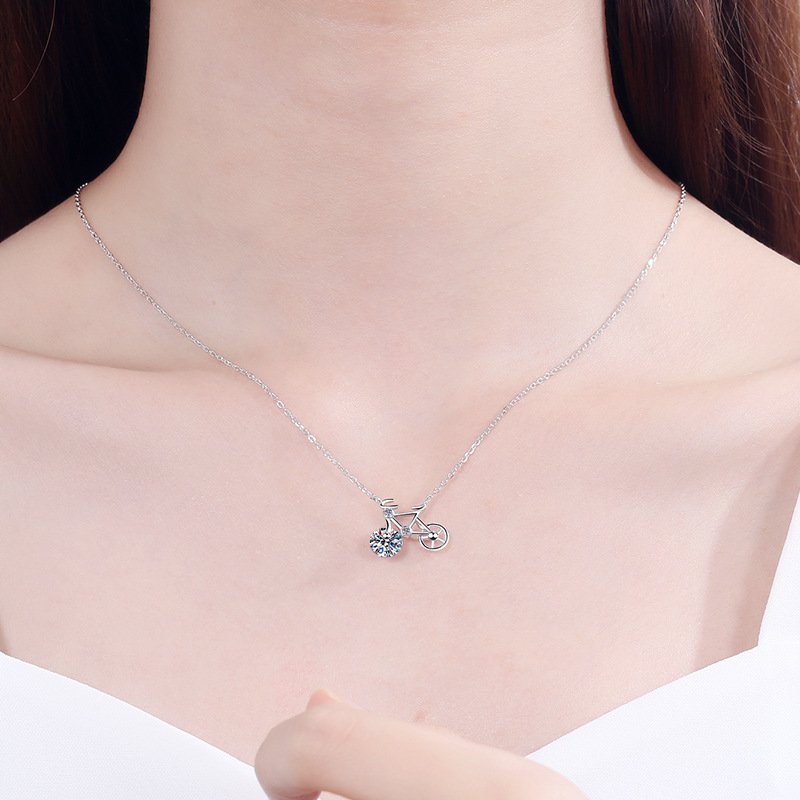 925 Sterling Silver Moissanite Bicycle Pendant Necklace Simple Cute Minimalist Design Hypoallergenic Daily Wear Jewelry Wholesale Direct Supply