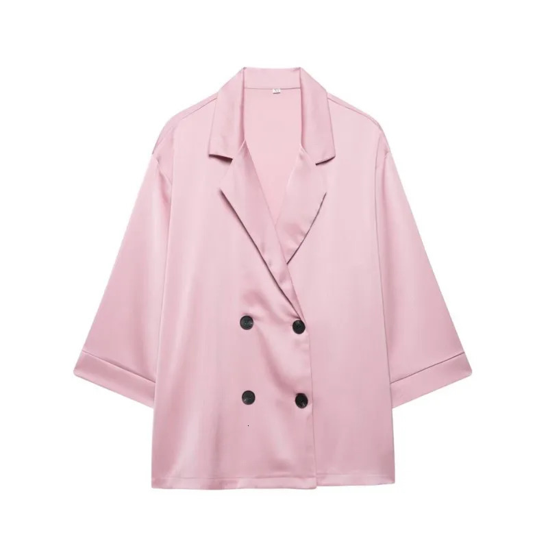 Women High Waist Pants Set Spring 2 Piece DoubleBreasted Satin Blazers Two Lace Up CreasedEffect Trouser Outfit 250520A