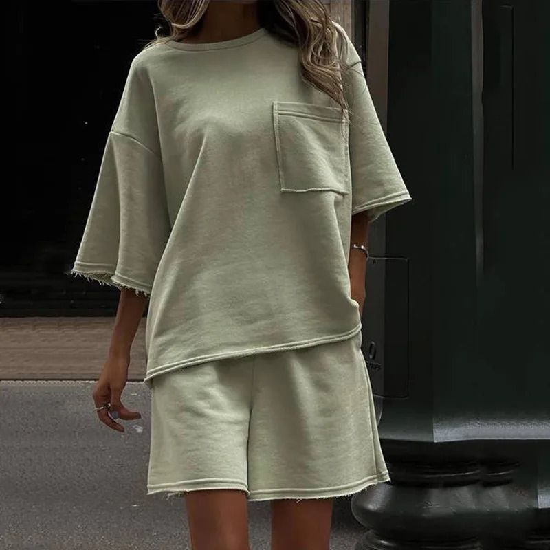 Womens Fashion 2 Piece Set Summer Short Sleeve O-Neck Loose T-shirt Top Wide Leg Shorts Suit Two Piece Solid Color Outfits 250527