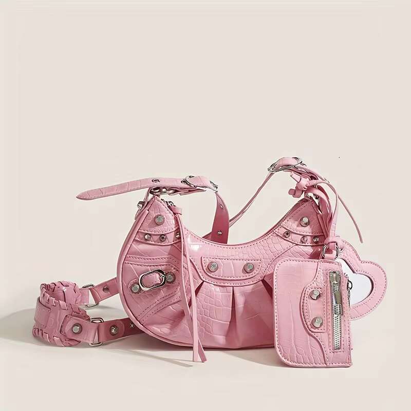 Hot Selling Fashion Women PU Leather Shoulder Wrinkle Designer Retro Rivet Underarm Bag With Wallet Mirror