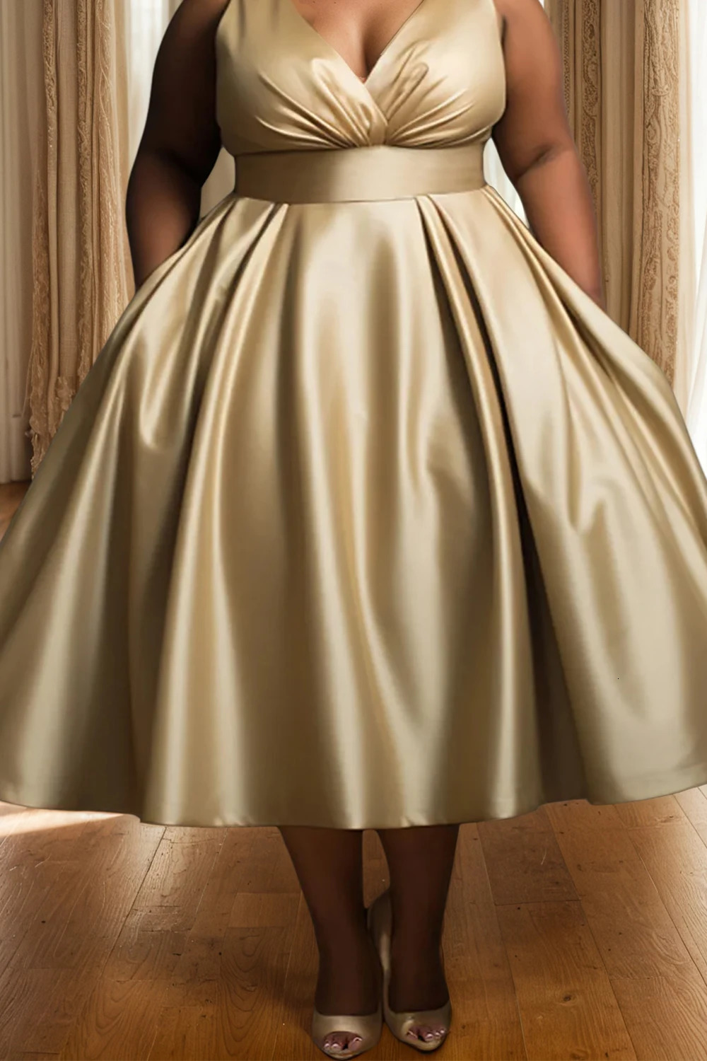 Womens Plus Size Evening Dress Sleeveless Ruched Pleated ALine Elegant Wedding Maxi VNeck Gold Satin Party Dresses