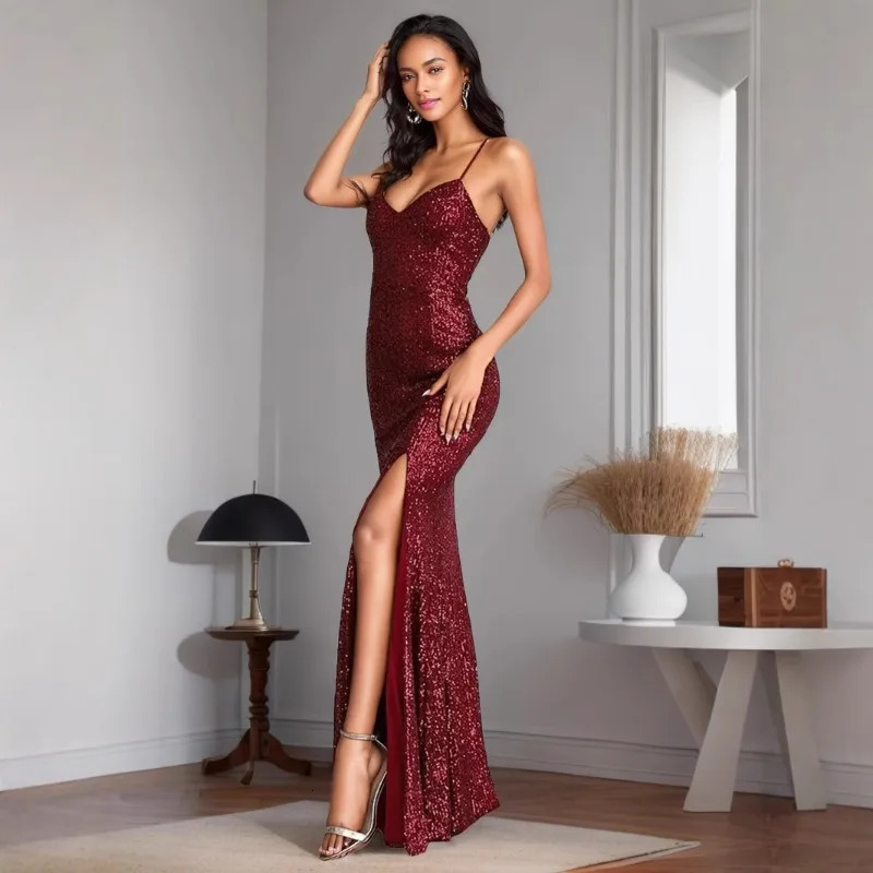 Spring/Summer European and American Party Nightclub Elegant Evening Dress with Split Glitter Sexy Backless Dress 250527