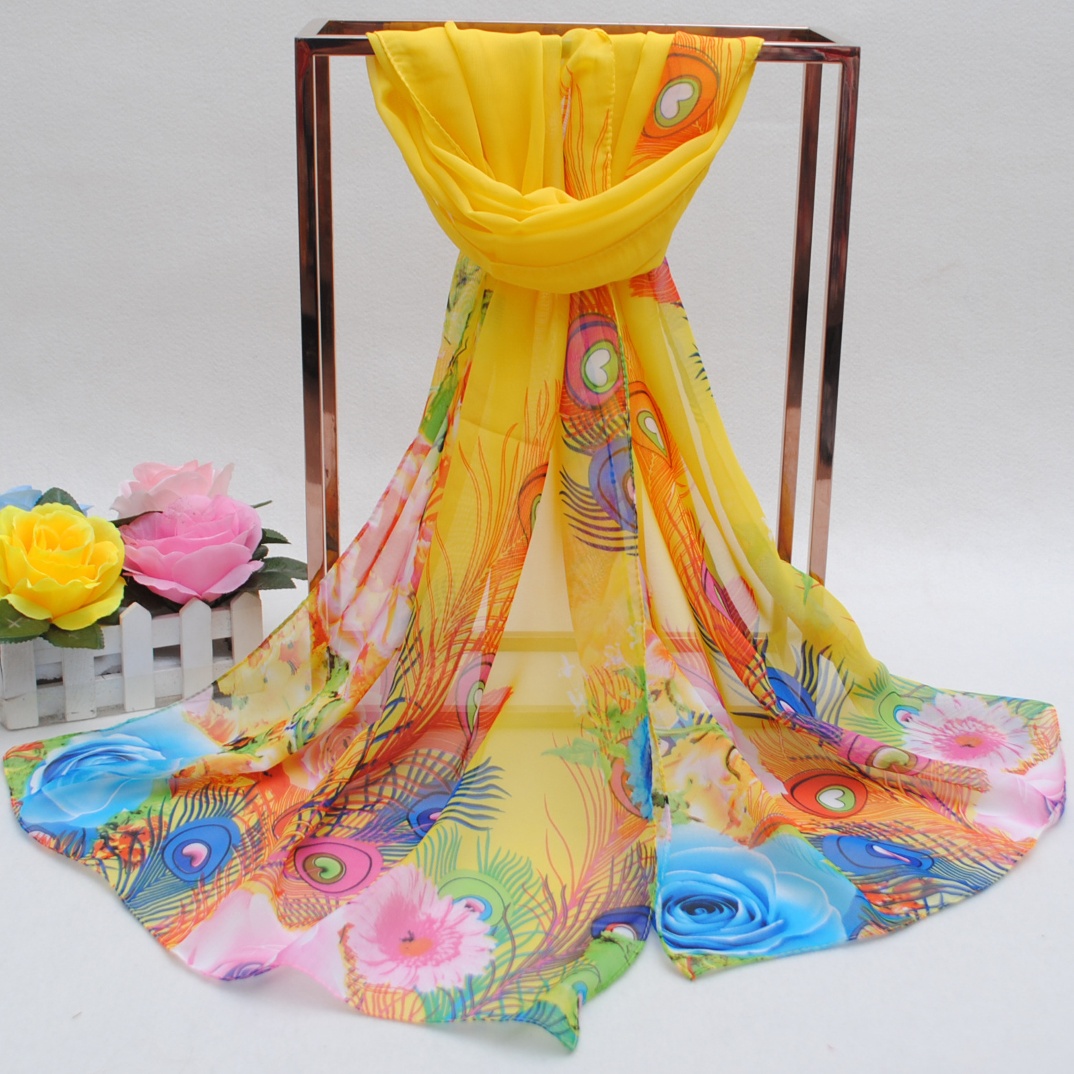 K882 New spring and summer women's peacock feather chiffon long silk scarf wholesale gift scarf small tulle scarf one piece shipping