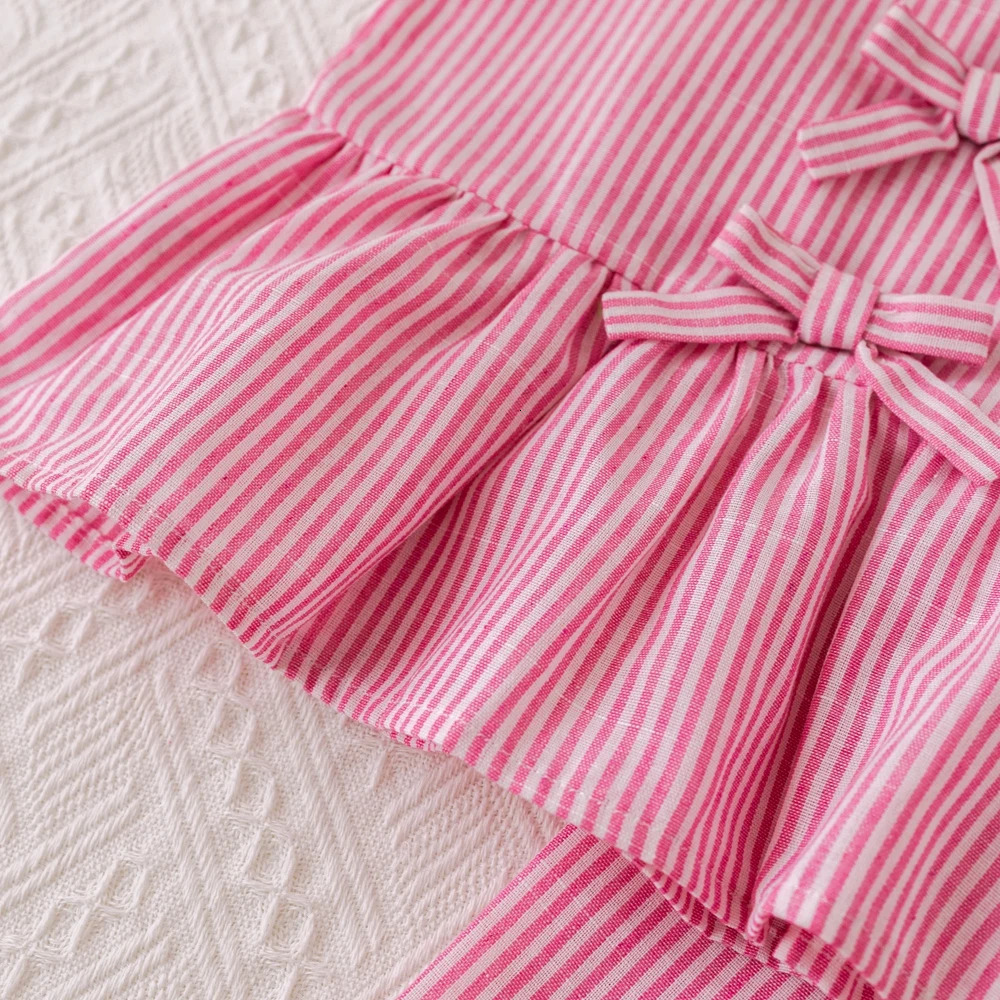 Humor Bear Summer Girls Suits Pink vertical stripe Bow Sleeveless Vest TopPants Two-piece Set Sweet Kids Clothing Sets 250527