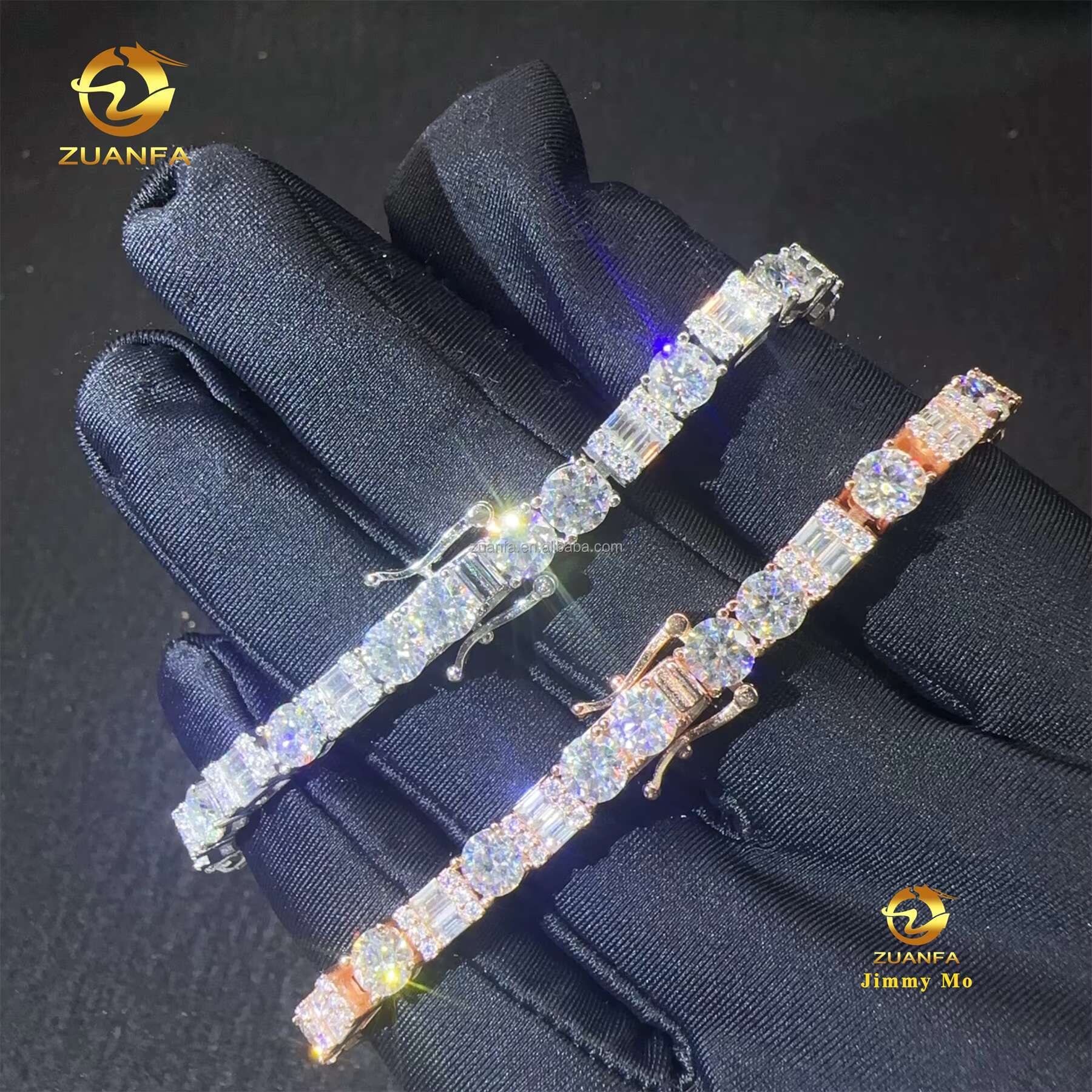 2025 New Arrivals Fashion 925 Sterling Silver Iced Out Hip Hop Jewelry Baguette+Round VVS Moissanite Cluster Tennis Bracelet