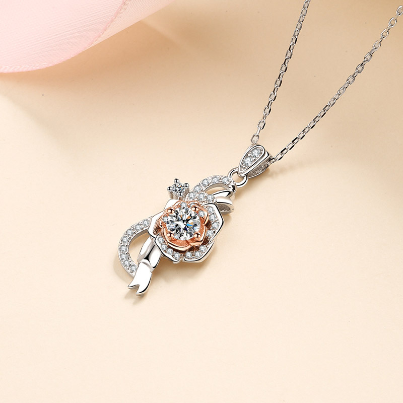 925 Sterling Silver Rose Pendant Necklace with Moissanite Stone, PT950 Gold Plated Elegant Split Color Design for Women Daily Wear