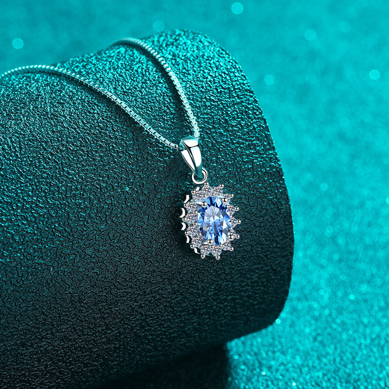 925 Sterling Silver Moissanite Necklace for Women Blue Oval Moissanite Pendant Lightweight Luxury Box Chain Design
