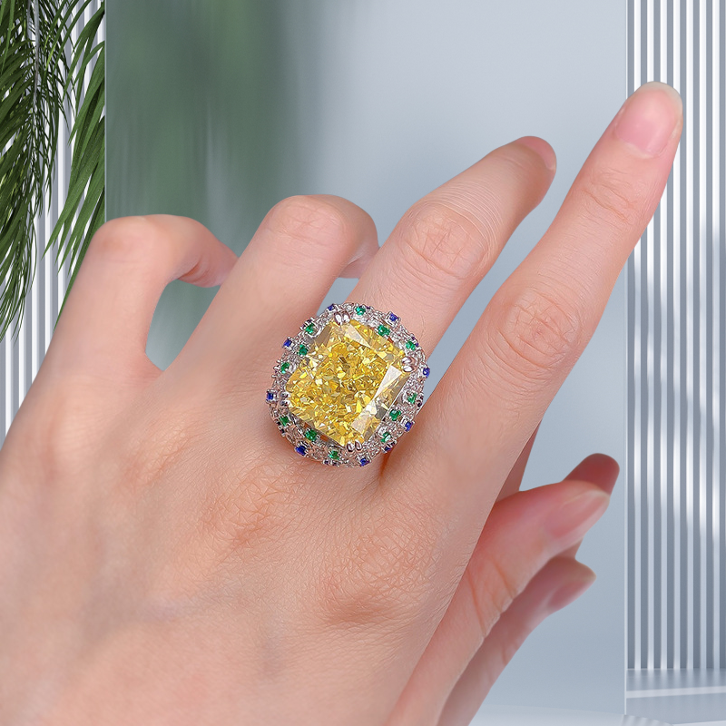 14*16 Radien Ice Flower cut Princess Ring S925 sterling Silver Deluxe inlay 15CT Crystal Yellow High-Carbon Diamond noble royal exclusive classic fash