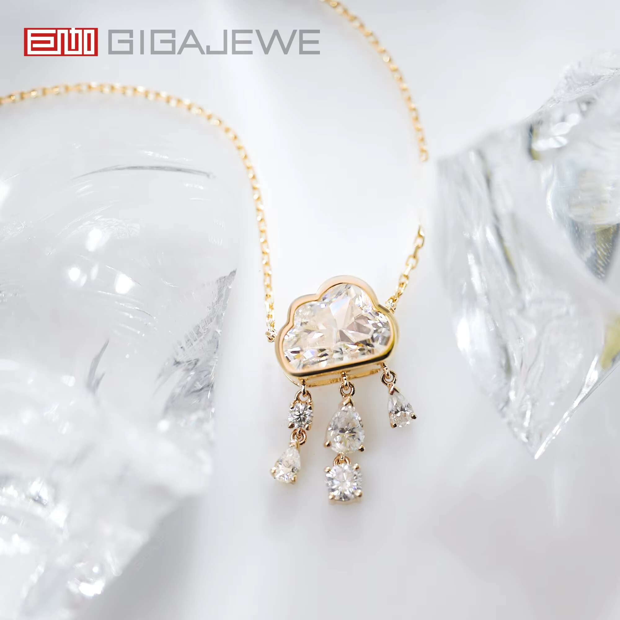 GIGAJEWE 9K/14K/18K Yellow Solid Gold 7*9 MM 2ct Round Cut White D Moissanite Elegant Necklace Rain Cloud Necklace Gift
