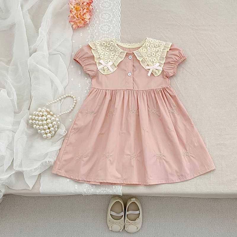 2025 Summer Baby Girl Dress Pink Baby Girl Clothing Lace Collar Cotton Princess Dress Embroidery Bow Toddler Baby Girls Dress R250530