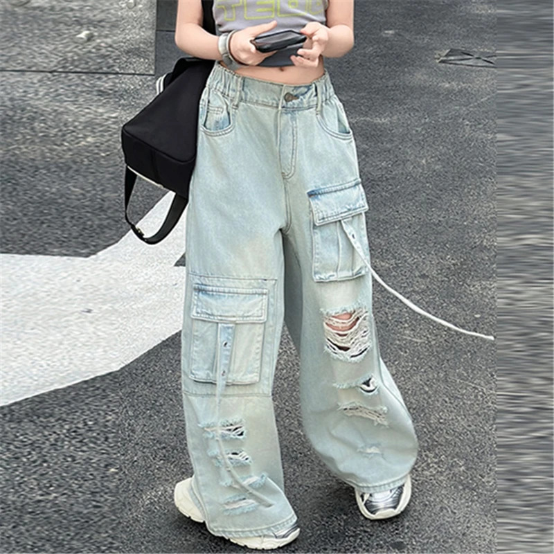 Kids Child High Fashion Street Style Distressed Ripped Cargo Jeans With Front Pocket for Tweens Girl Broken Hole Denim Pants 250527