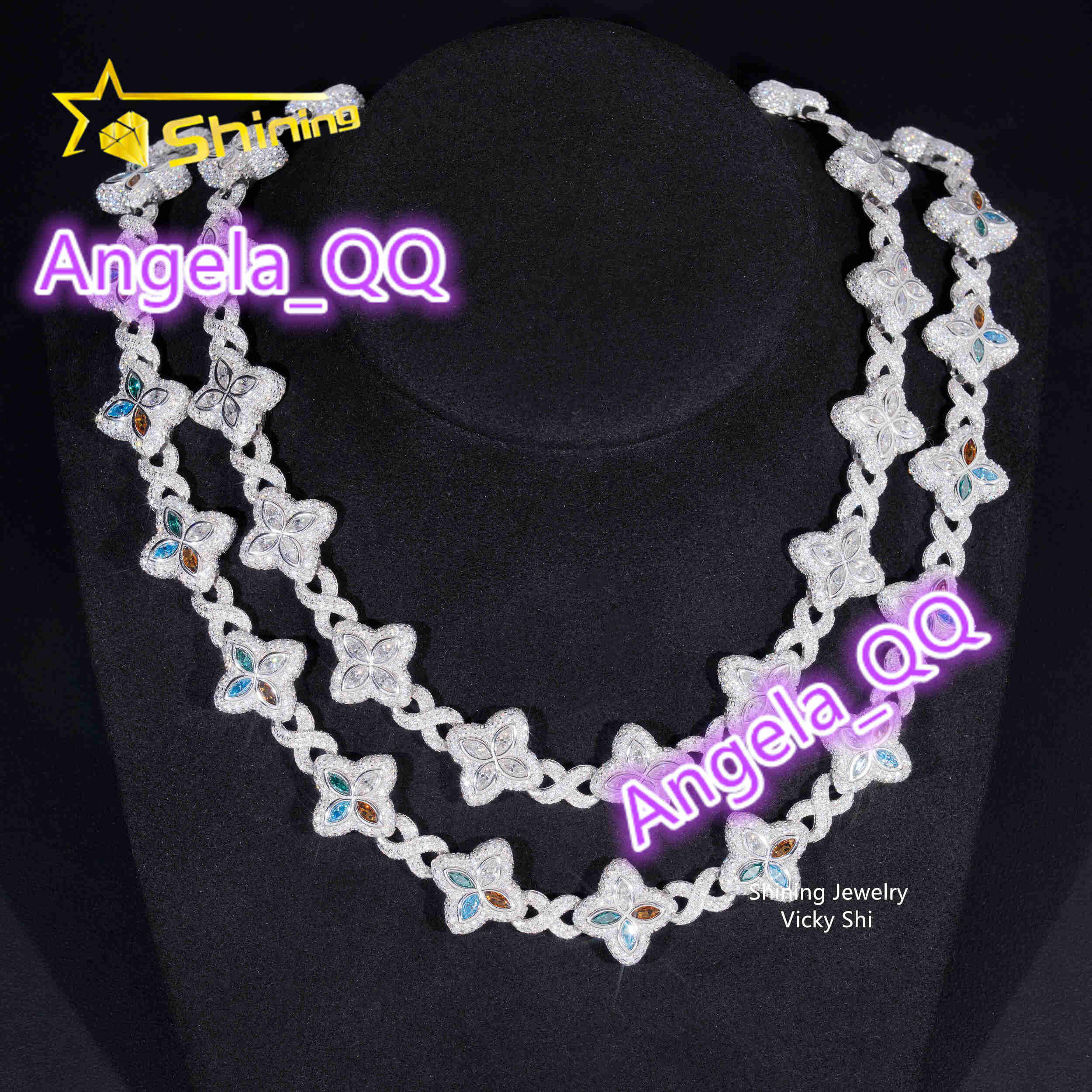 Rapper Hip Hop Jewelry Iced Out Moissanite Necklace 925 Silver Colored Four Leaf Clover VVS Moissanite Cuban Link Chain