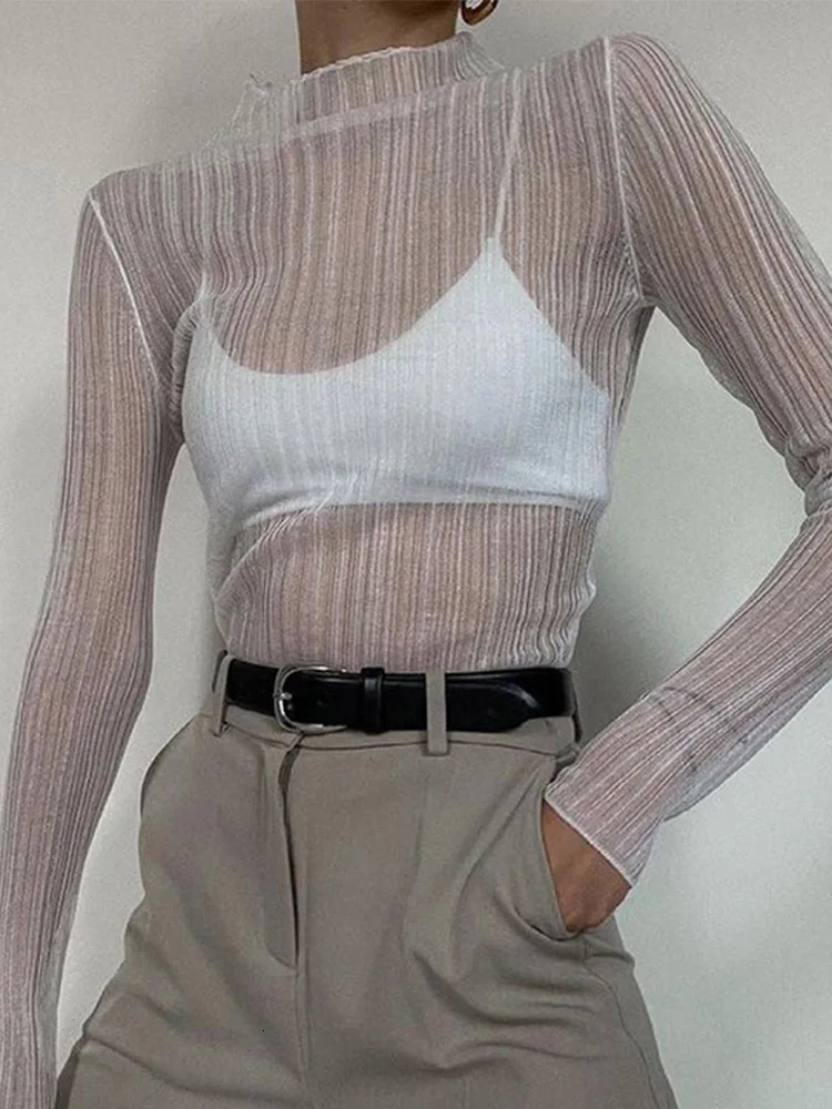 Fall Elegant See Through Long Sleeve Mock Neck Women Tops Fashion Streetwear Sexy TShirts Tees Slim Clothes 250520A