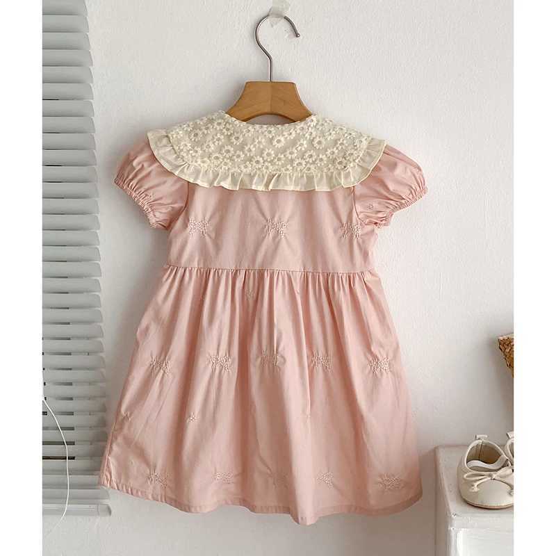 2025 Summer Baby Girl Dress Pink Baby Girl Clothing Lace Collar Cotton Princess Dress Embroidery Bow Toddler Baby Girls Dress R250530