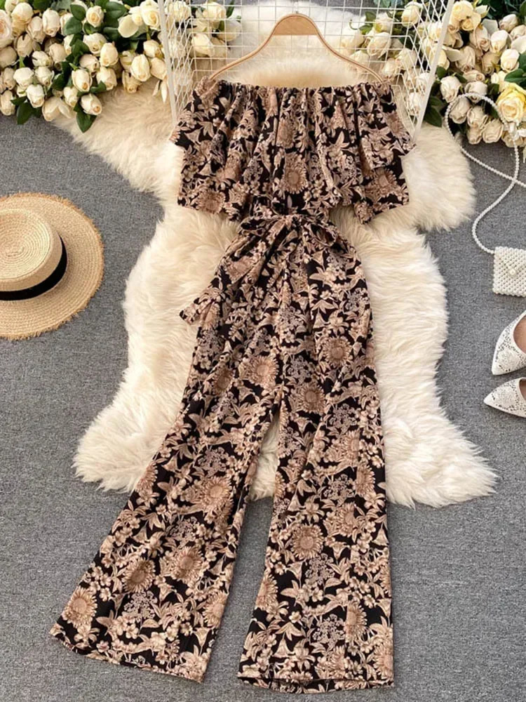 Summer Leaking Collarbone Ruffled Sexy Holiday Style Floral Jumpsuit Fashionable Wide-leg Pants UK705 250527
