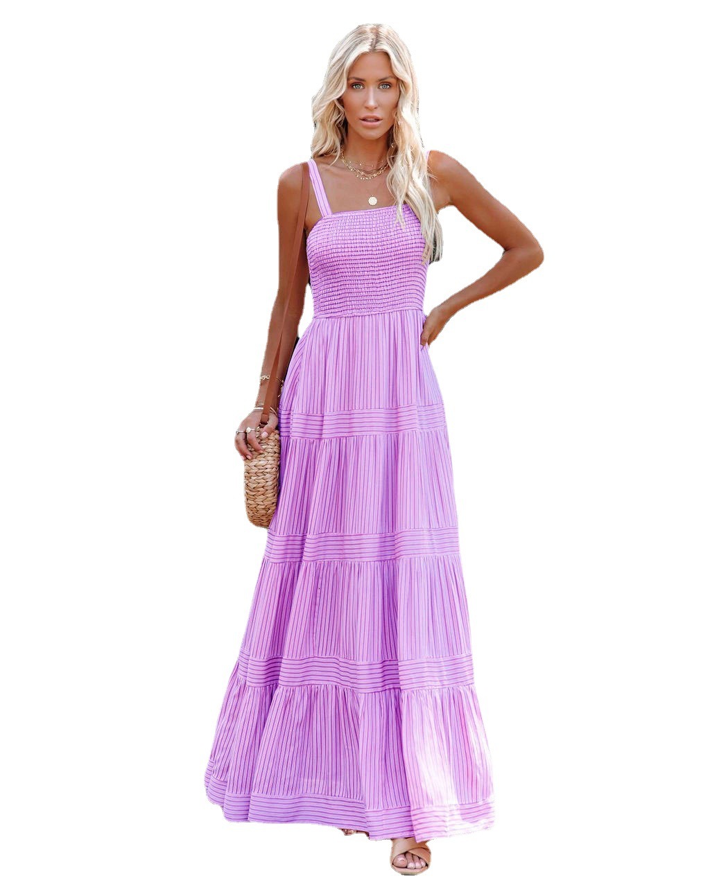 women's wear 2024 Summer Women's New Vacation Style Strap Tie Print Long Dress Super Hot