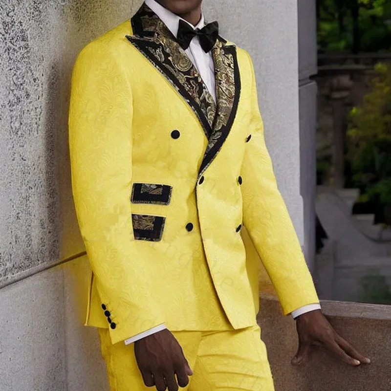 Yellow Floral Mens Suits Double Breasted Slim Fit For Wedding Business Tuxedo Groomsman Fashion JacketPants 2025 250520Z