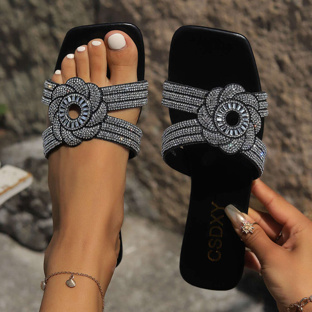 Water Diamond Flower Flat 2024 Outdoor Beach Leisure Comfortable One Word Wear resistant Slippers