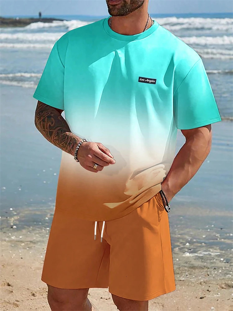 Summer Mens Suit Sportswear Fashion Casual Short Sleeve Vacation Style Gradient Printing TShirt Shorts Menswear 250529Z
