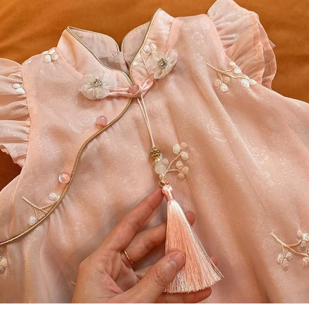 Bear Leader Summer Chinese Style Girls Suit Pink Flower Embroidered Fly Sleeved Top Shorts 2Pcs Tassel Cheongsam Kids Clothes 250527