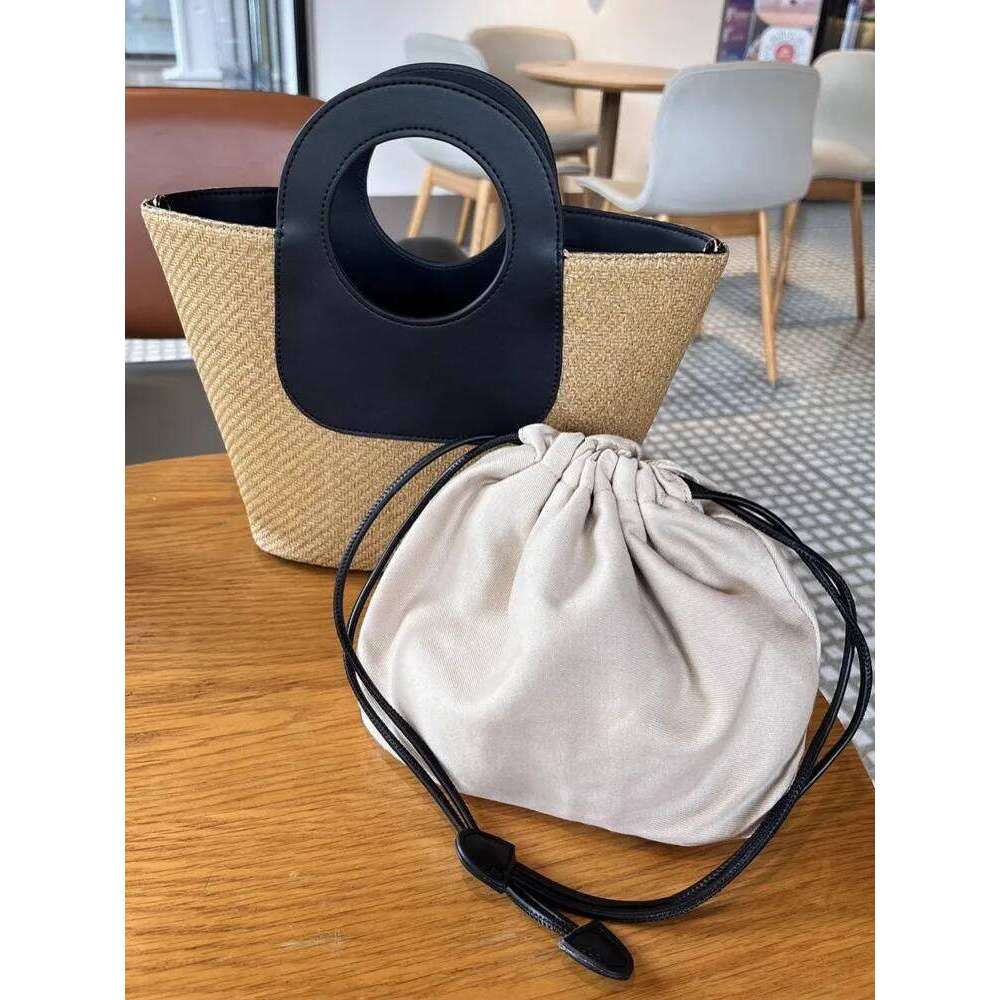 Designer Bag Vintage Women Holiday Straw Bucket Cow Leather Spliced Totes Handbag Strap Shoulder Bag Ladies Casual Beach Crossbody Bags