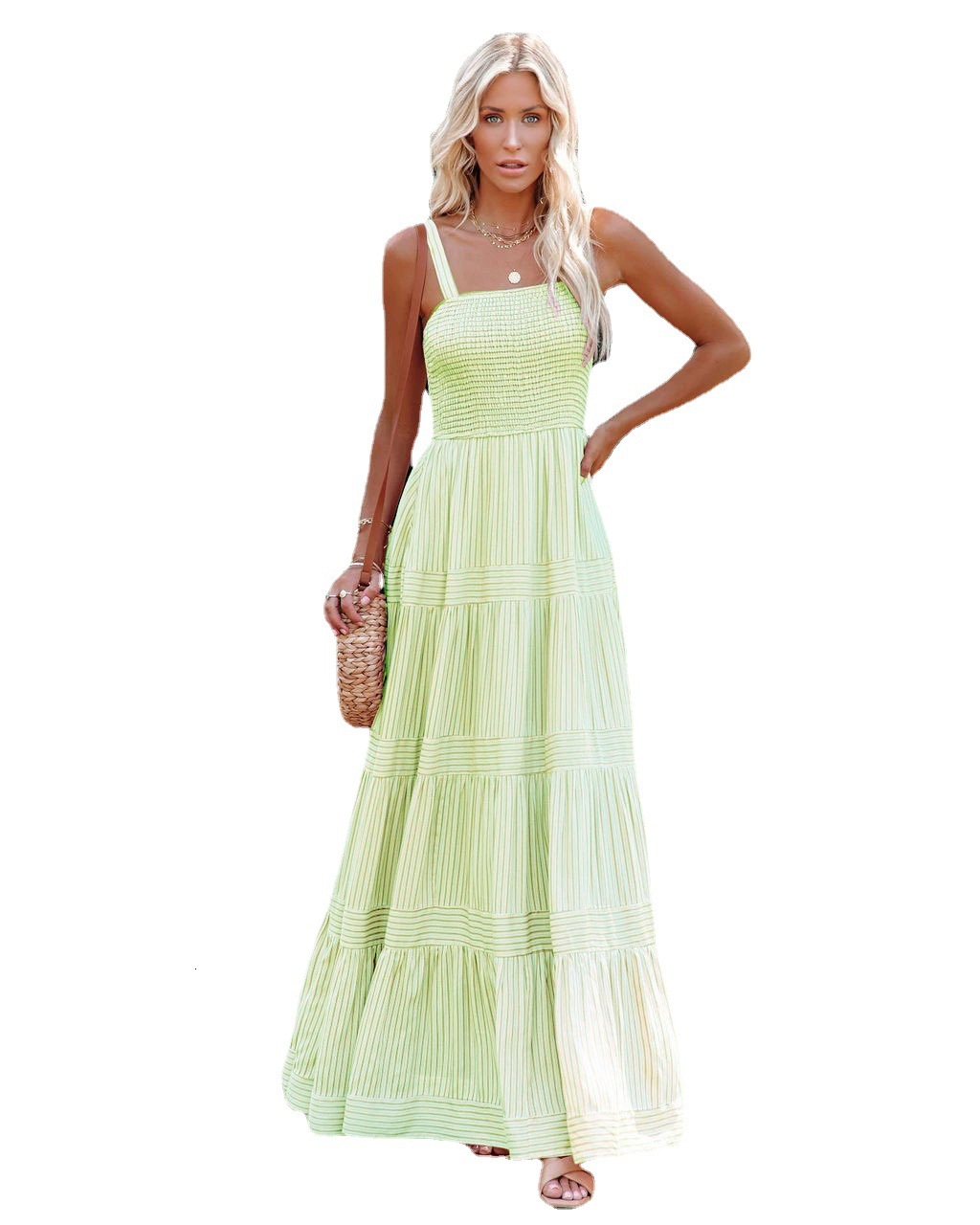women's wear 2024 Summer Women's New Vacation Style Strap Tie Print Long Dress Super Hot