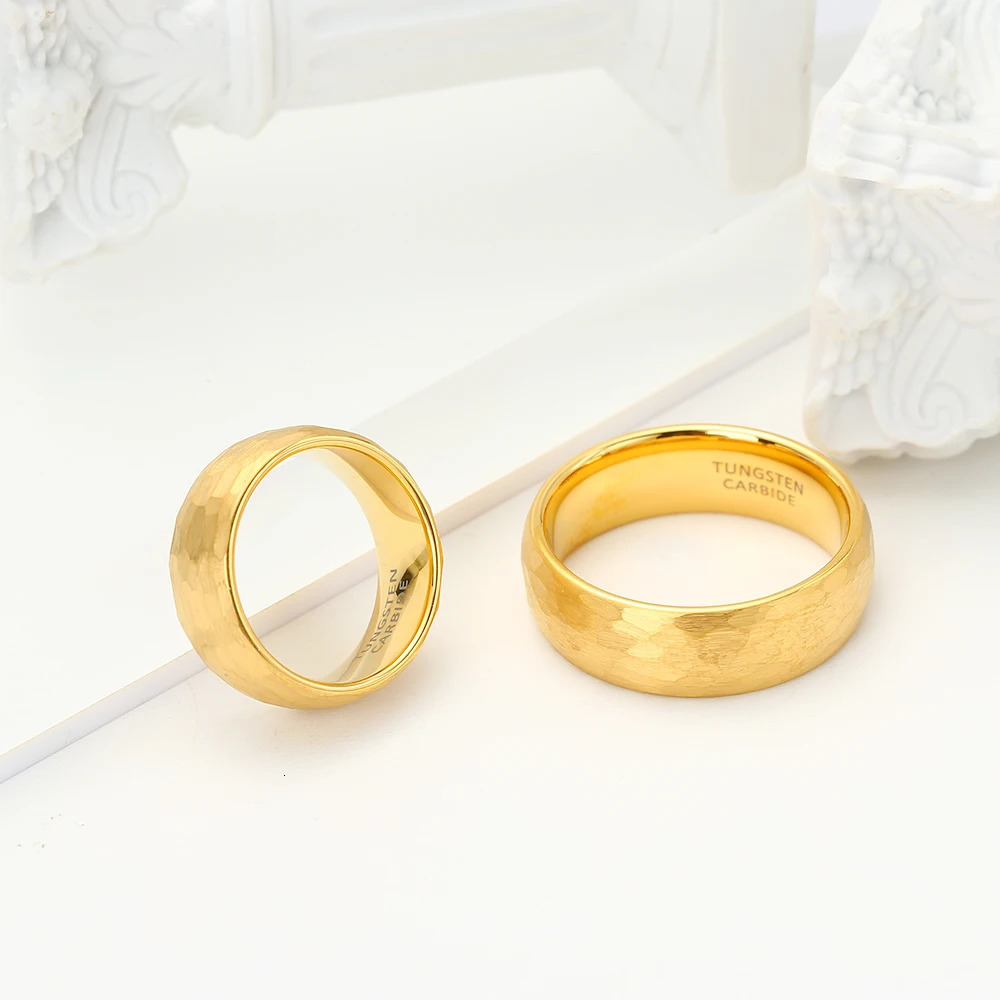 8mm Gold Color Hammered Tungsten Carbide Ring Domed Comfort Fit Engagement Ring Size 6-13 250529