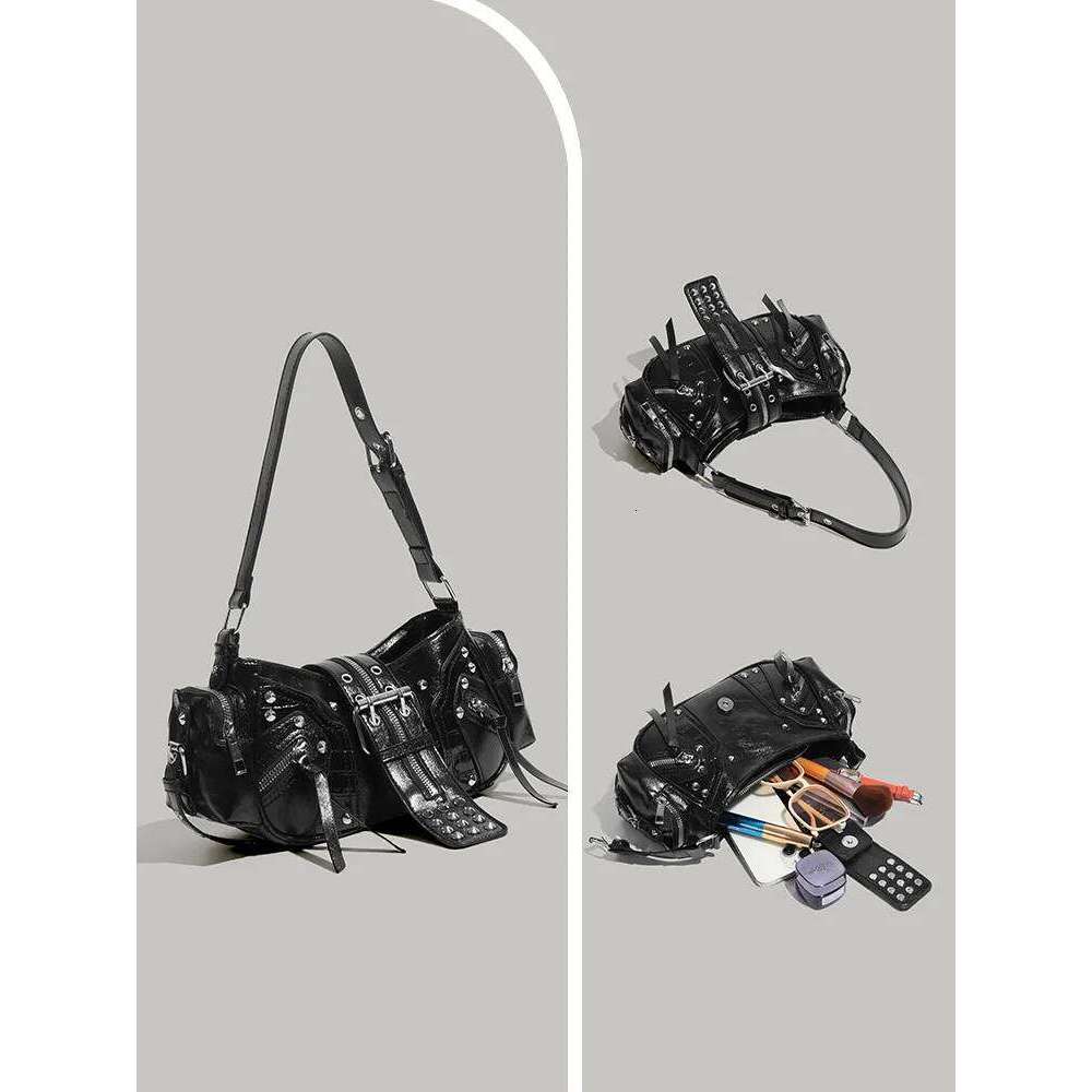 Designer Bag Biker Punk Rivet Belt Motorcycle Shoulder Armpit Retro Black Bag Women S Oblique Fashion Cool Tide Handbag C