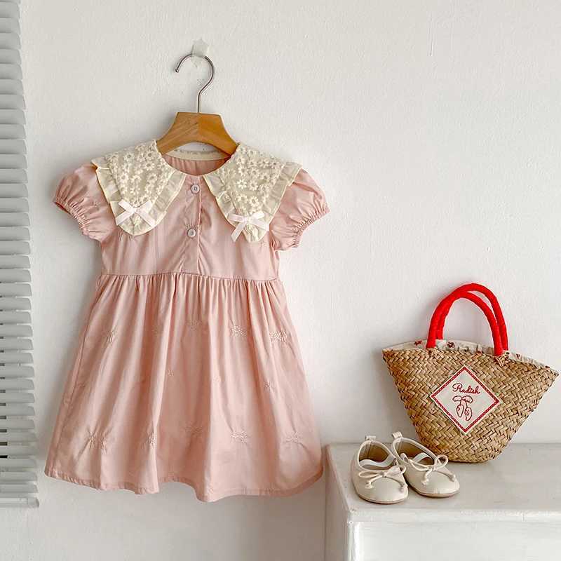 2025 Summer Baby Girl Dress Pink Baby Girl Clothing Lace Collar Cotton Princess Dress Embroidery Bow Toddler Baby Girls Dress R250530