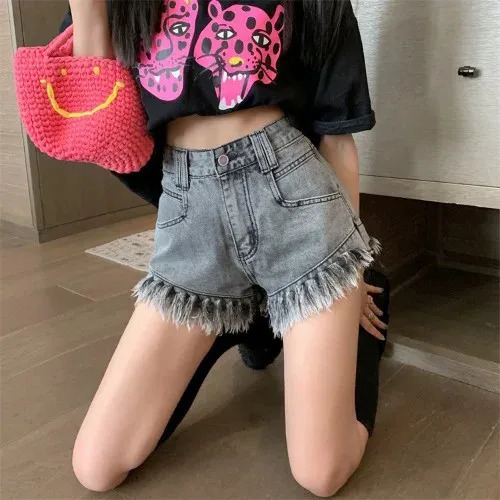 Y2K Clothing Harajuku Solid Color Low Waist Denim Shorts Gothic Retro Tassel Slim Shorts Women Summer Jorts Short Pants 250527