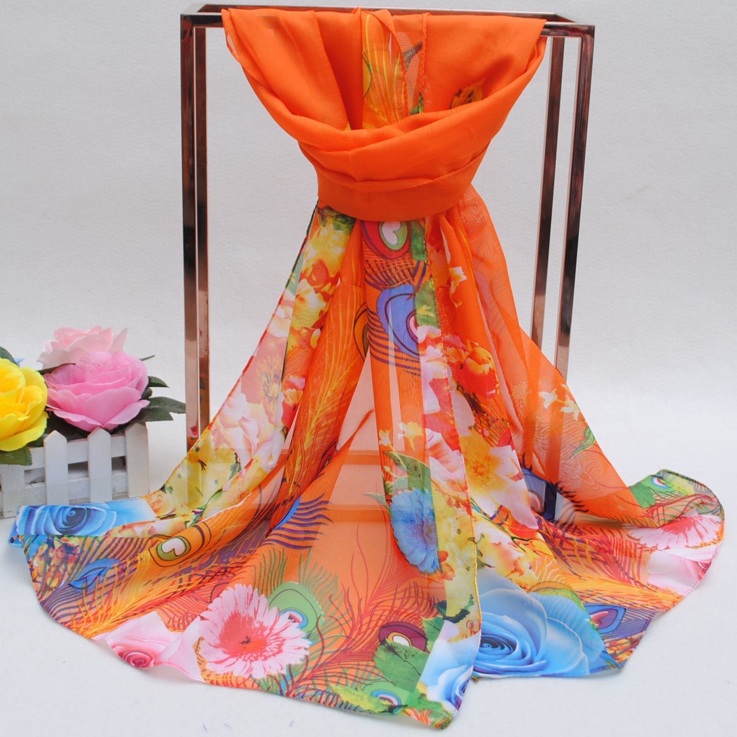 K882 New spring and summer women's peacock feather chiffon long silk scarf wholesale gift scarf small tulle scarf one piece shipping