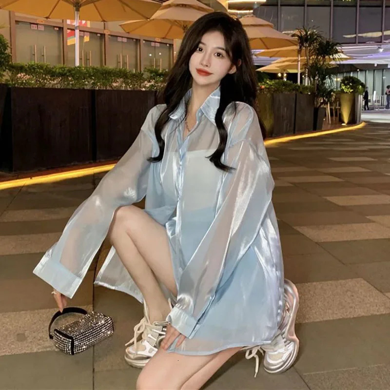 Spring Summer Thin Silk Blouse Women Pure Desire Style Pearly-Lustre See Through Shirts Korean White Sun Protection Shirt 250527