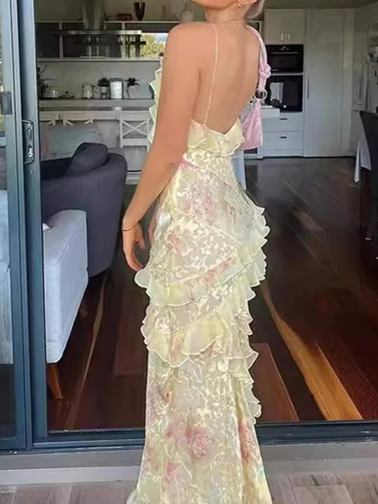 Womens V Neck Ruffled Slim Long Dress Fashion Sleeveless Floral Print Suspender Dress Casual Backless Summer Beach Dresses 250527