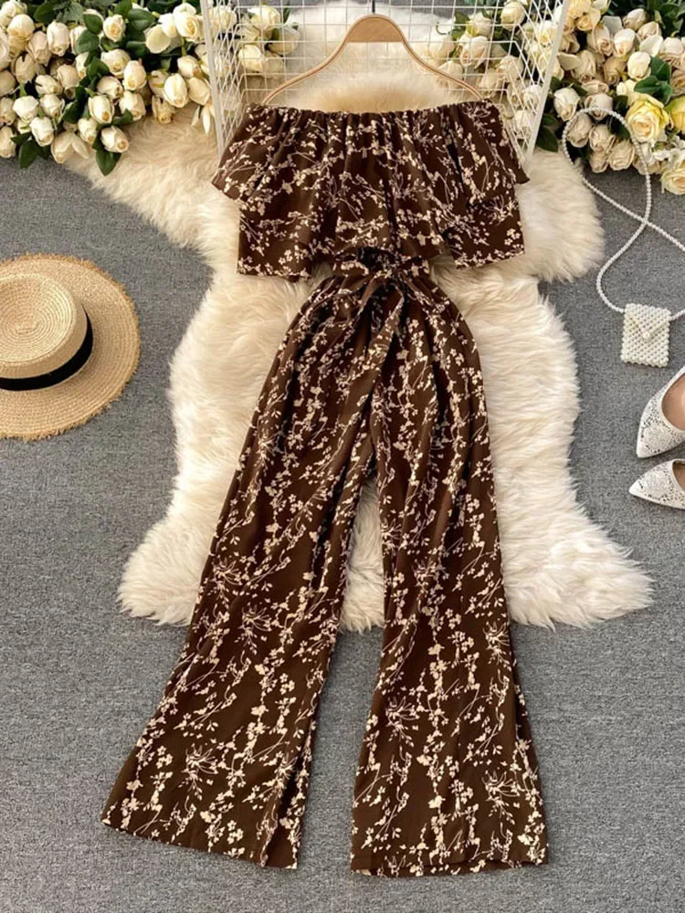 Summer Leaking Collarbone Ruffled Sexy Holiday Style Floral Jumpsuit Fashionable Wide-leg Pants UK705 250527