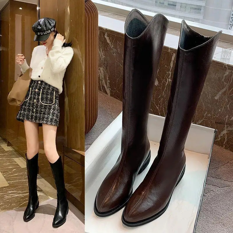 Winter Pointy Mid-heel Knee-high Boots Back Zipper Solid Color Heightening Car Stitch and Velvet Fashion Elegant High Boots 250527