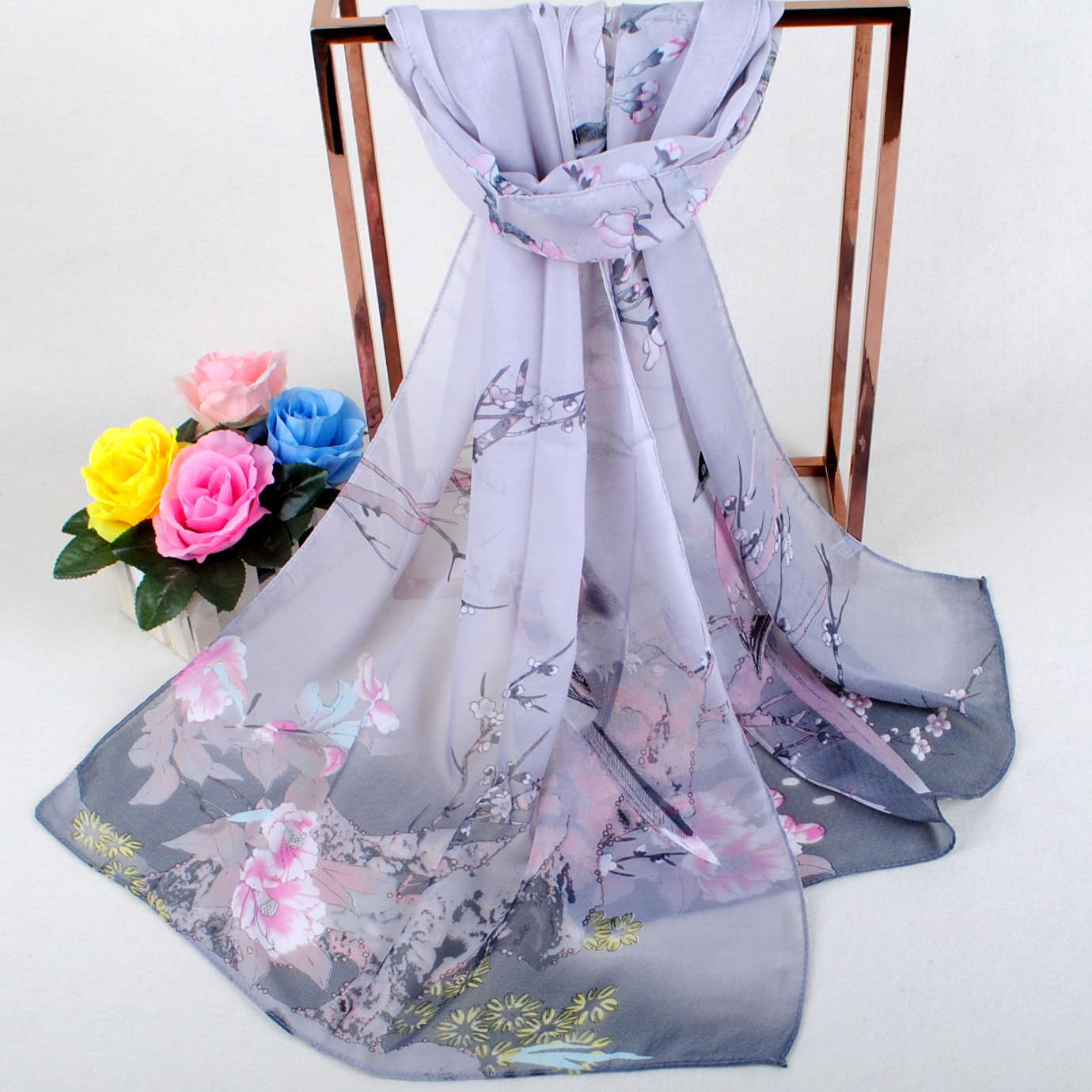 K883 Customized multi-spec digital thermal transfer 75D printed chiffon scarf Printed women's multi-purpose scarf can be added with LOGO