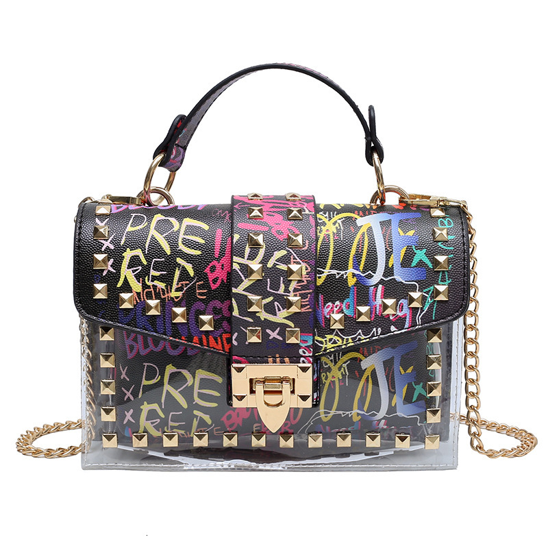 Free Shipping Designer Bag Trendy Graffiti Transparent Jelly Bag Summer 2025 Korean Fashion Graffiti Ins Trendy Chain Shoulder Crossbody Bag Handbag