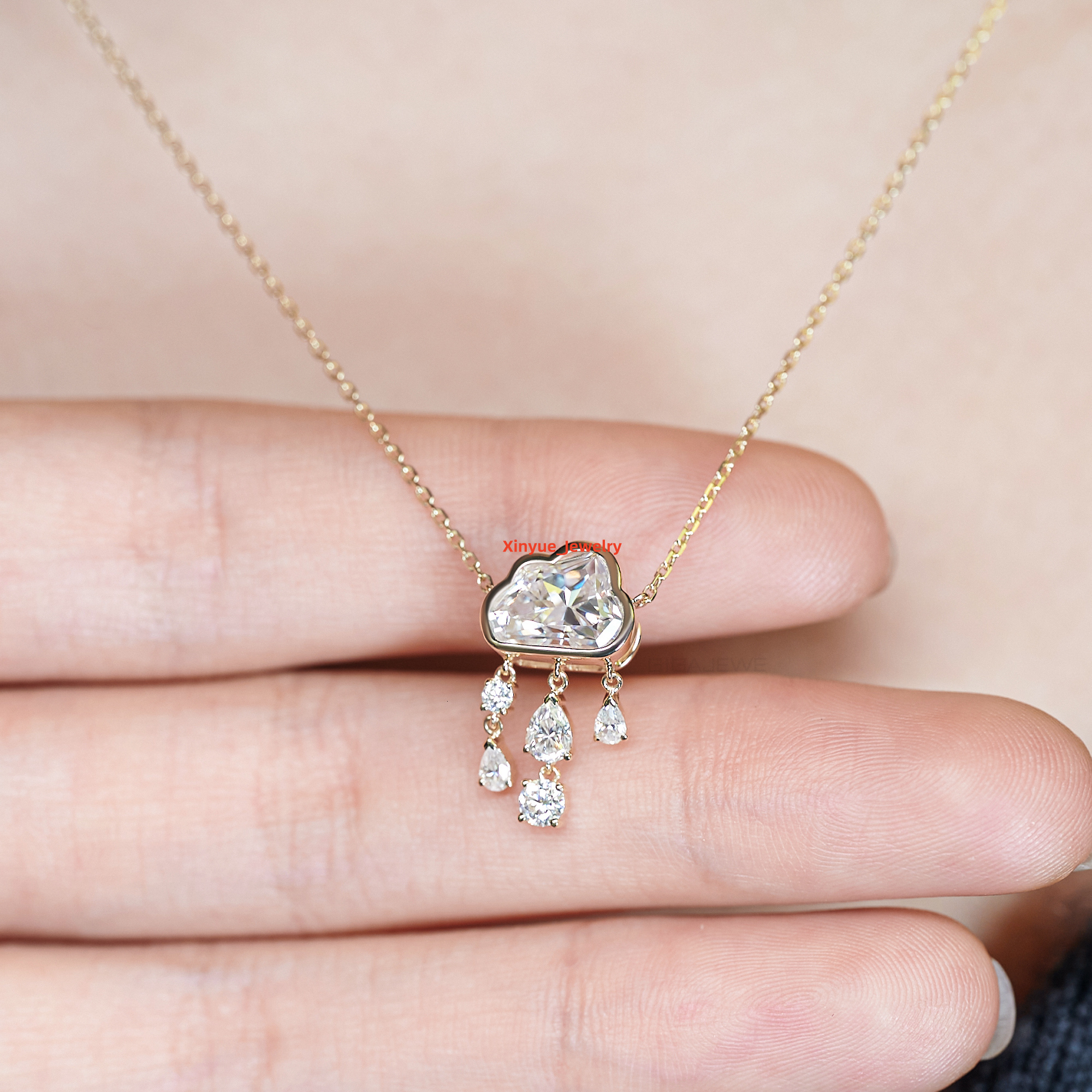 GIGAJEWE 9K/14K/18K Yellow Solid Gold 7*9 MM 2ct Round Cut White D Moissanite Elegant Necklace Rain Cloud Necklace Gift