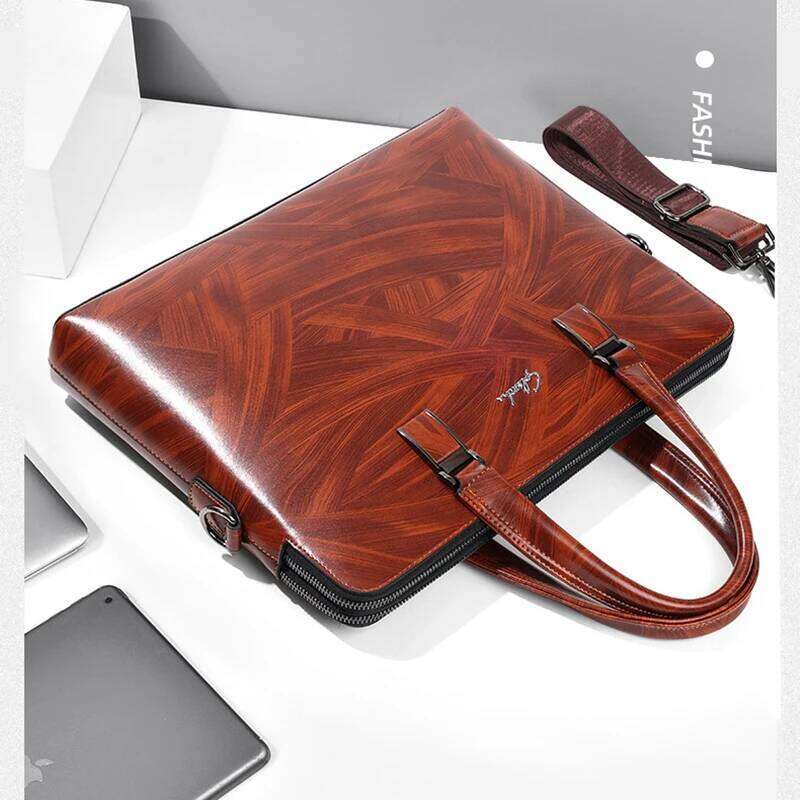 Designer Bag Wood Texture Briefcase PU Leather Men S Handbag Executive Document Office Shoulder Portfolio Business Crossbody Side Bag