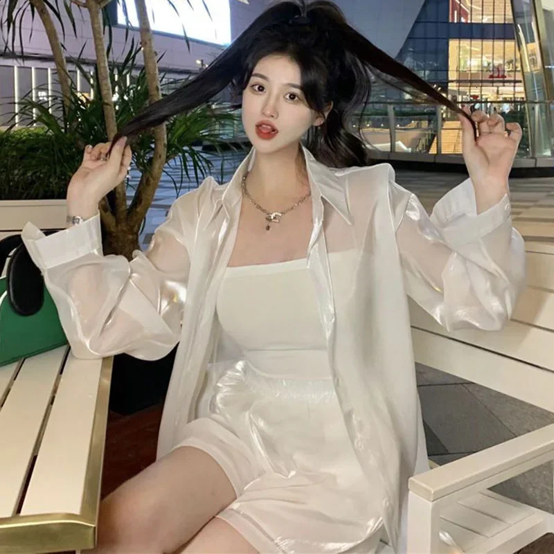 Spring Summer Thin Silk Blouse Women Pure Desire Style Pearly-Lustre See Through Shirts Korean White Sun Protection Shirt 250527
