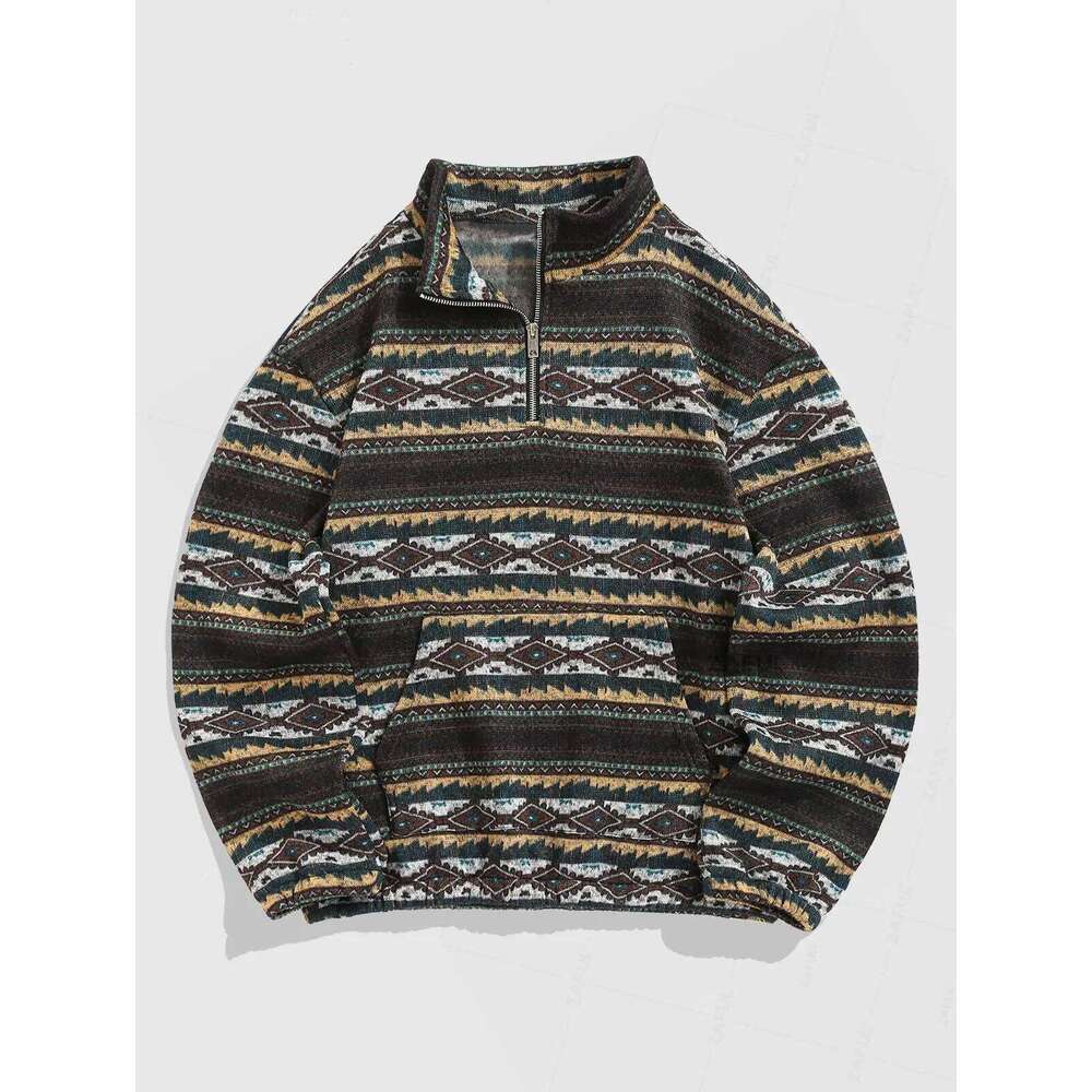 ZAFUL Men s Ethnic Aztec Printed Stand Collar Pullover Fuzzy Fleece Quarter Zip Closure Fashionable Casual Sweatshirt