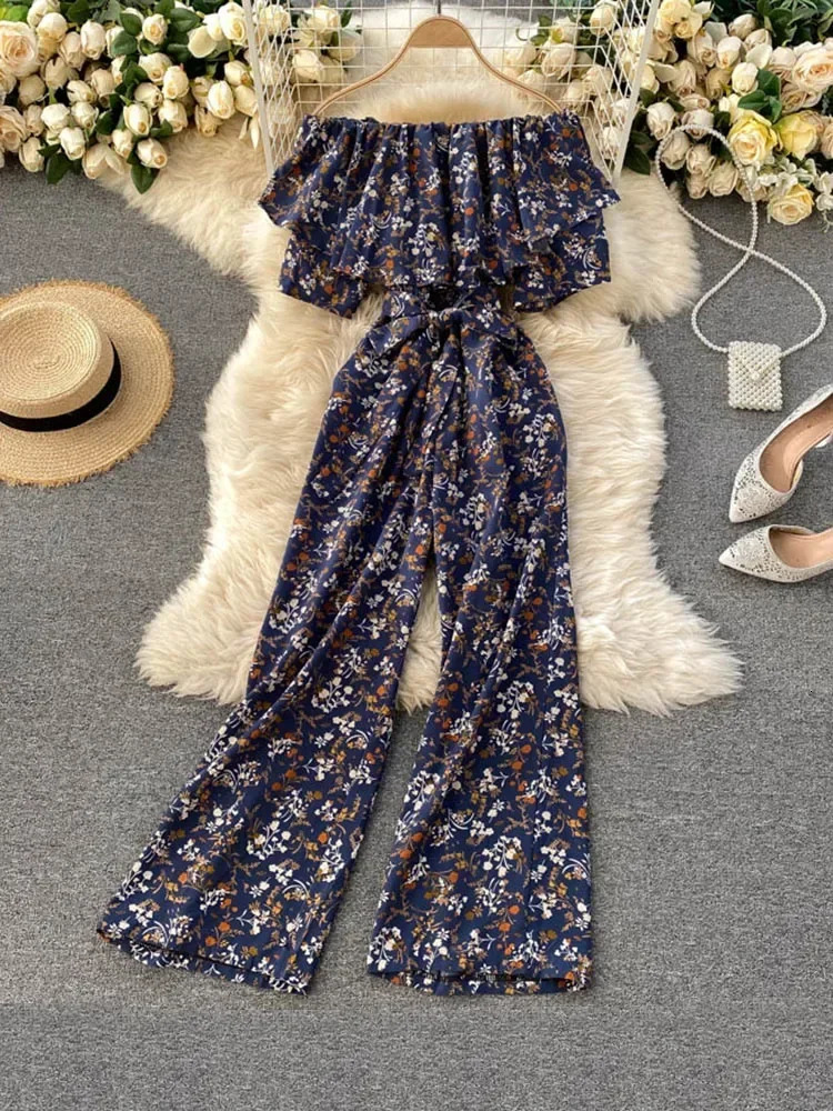 Summer Leaking Collarbone Ruffled Sexy Holiday Style Floral Jumpsuit Fashionable Wide-leg Pants UK705 250527