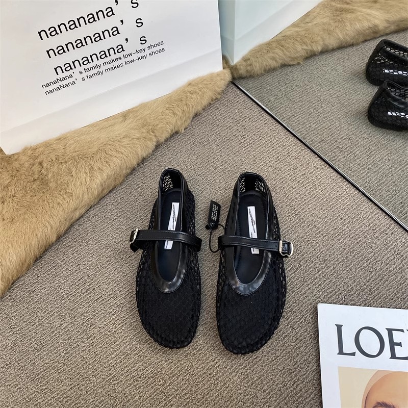 Designer Heels Ballet Flats Shoes French Vintage Breathable Woven Mary Jane Flats in Classic Black Versatile and Stylish