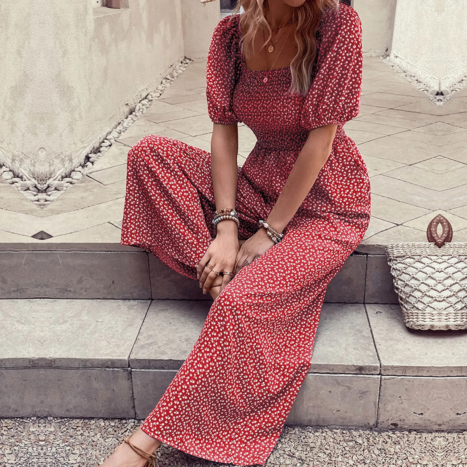 Elegant WomenS Square Neck Jumpsuit With Puff Sleeve And Wide Leg Perfect Printed Outfit For Any Occasion 250527