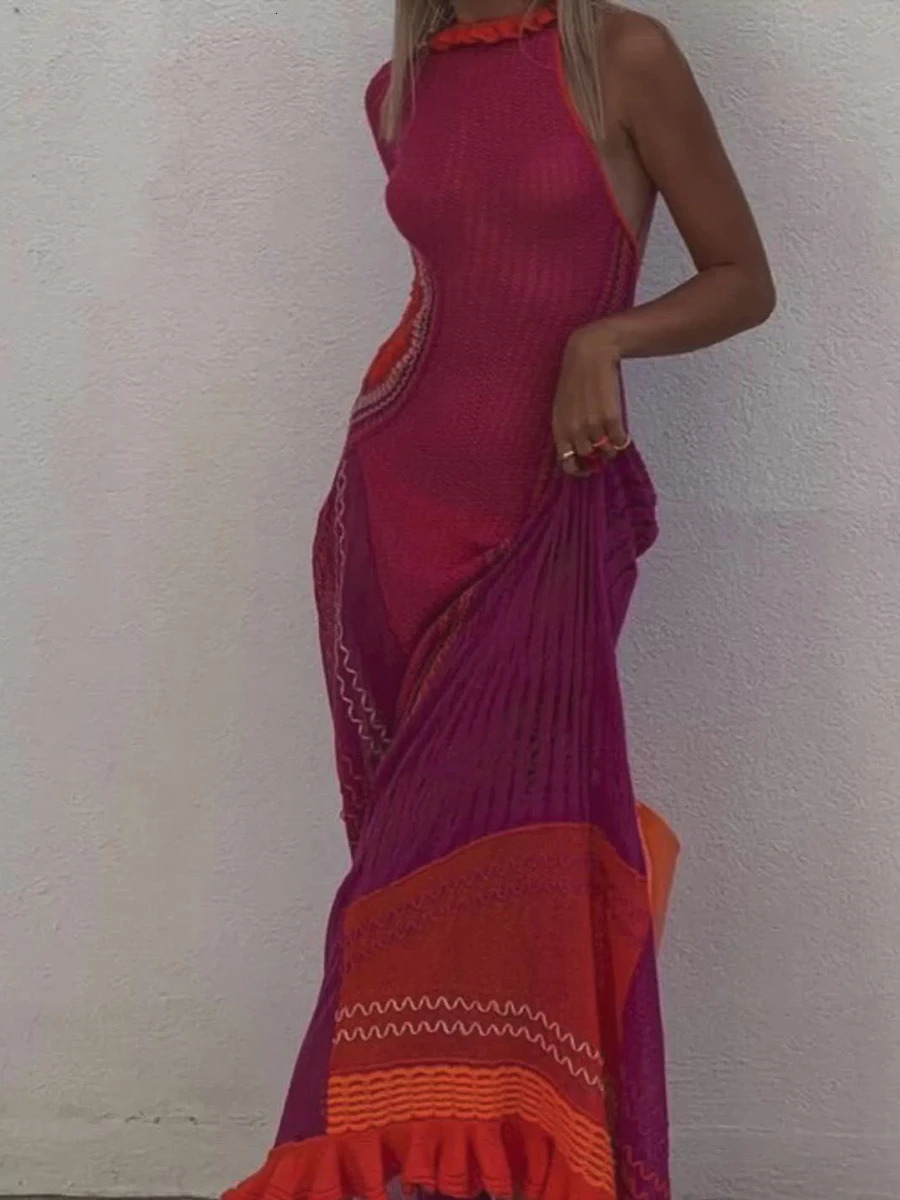 Crochet Knitted Dress for Women Contrast Hollow-Out See-Through One Shoulder Long Sleeve Beach Dress Bikini Cover-Ups 250527