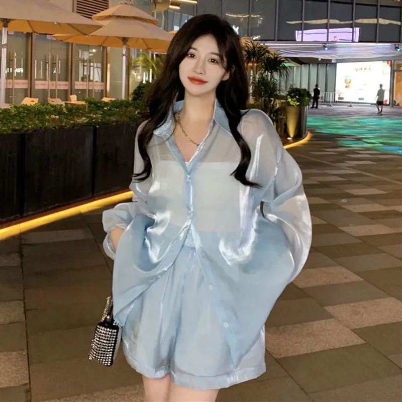 Spring Summer Thin Silk Blouse Women Pure Desire Style Pearly-Lustre See Through Shirts Korean White Sun Protection Shirt 250527