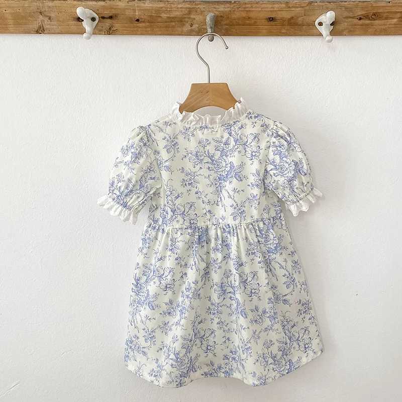 1-6Y Summer Kids Baby Dress Girls Sweet Lace Princess Dress Blue Flowers New Kids Baby Girls Dress Children Clothes Dress R250530
