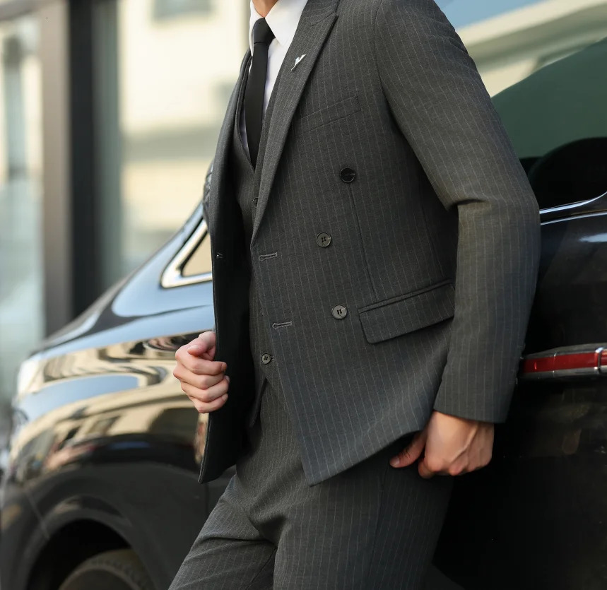 Double breasted British suit vest trousers male groom wedding slim casual fashion stripes handsome threepiece set 250520Z