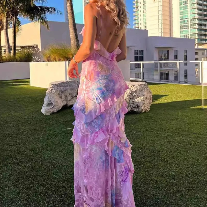 Womens V Neck Ruffled Slim Long Dress Fashion Sleeveless Floral Print Suspender Dress Casual Backless Summer Beach Dresses 250527