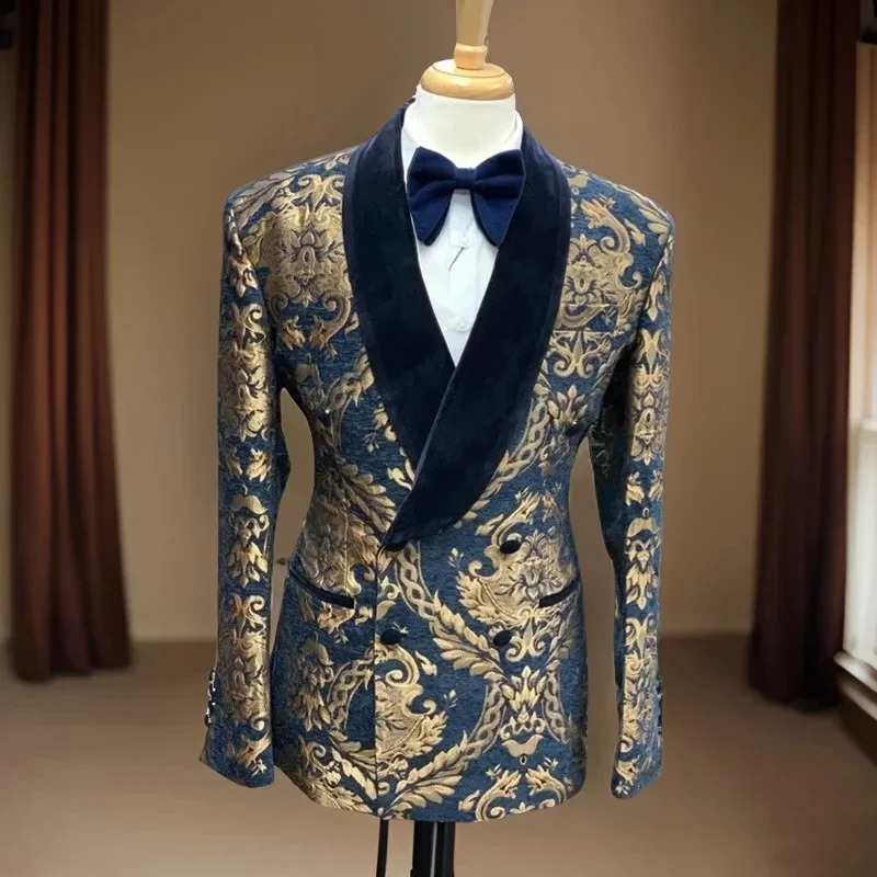 Slim Fit Floral Men Suit Jacket 1 Piece Double Breasted Smoking Blazer for Wedding with Velvet Shawl Lapel Fashion 250520Z